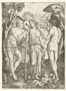 Junge Frau mit Blätterkranz zwischen altem Mann mit Stock und jungem Mann mit Drache und Kind von Marcantonio Raimondi