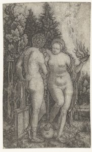 Junger Mann geschützt von Frau mit Globus und Opferschale als Personifikation des Glücks (Fortuna) von Marcantonio Raimondi