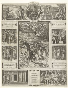 Jupiter beruhigt den Sturm auf See in rechteckiger Umrahmung mit neun Szenen aus dem Epos Aeneis von Marcantonio Raimondi
