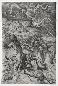 Neptun beruhigt den Sturm, den Aeolus gegen die Flotte des Aeneas entfesselte von Marcantonio Raimondi