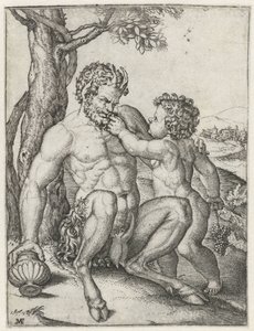 Pan mit Trinkbecher und Bacchus als Kind mit Trauben