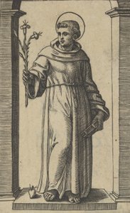 Der heilige Antonius von Padua stehend, Lilien in seiner erhobenen rechten Hand, ein Buch in seiner Hand von Marcantonio Raimondi