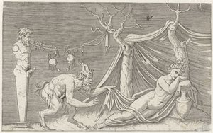 Satyr schleicht sich an schlafende Nymphe heran (Mythologische Darstellungen nach alten Basreliefs) von Marcantonio Raimondi