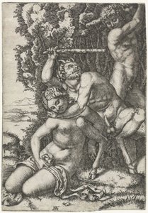 Satyr und Jüngling kämpfen um eine Nymphe von Marcantonio Raimondi