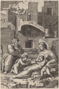 Die Heilige Familie mit dem jungen Johannes dem Täufer (Die Madonna des langen Oberschenkels) von Marcantonio Raimondi after Raphael