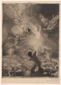 Flamme in Form einer Frau, umgeben von Männern mit Flügeln, die sich verbrennen und abstürzen von Marcel Roux (signed by artist)