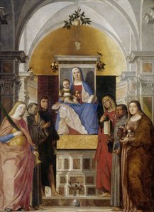 Madonna und Kind mit den Heiligen Katharina, Franz von Assisi, Johannes dem Täufer, Johannes dem Evangelisten, Antonius von Padua und Maria Magdalena von Marcello Fogolino