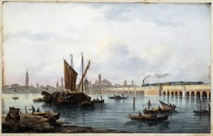 Die Brücke über die Lagune im „Album der Hauptansichten von Venedig“, gezeichnet von Marco Moro, ed. Gio Brizeghel, ca. 1840 von Marco (after) Moro
