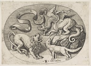 Ein Löwe, Drache und Fuchs kämpfen miteinander, eine beschriftete Banderole darüber, ein ovales Medaillon, ca. 1515-1527 von Marco Dente