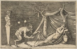 Ein Satyr entdeckt eine schlafende Frau, zwei Krebse hängen an einem Seil, das gespannt ist..., ca. 1515-27