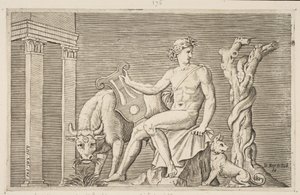 Apollo hütet die Herden des Admetus, Apollo sitzend mit einer Lyra
