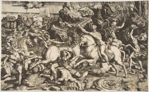 Kampfszene in einer Landschaft mit Soldaten zu Pferd und mehreren gefallenen Männern, ca. 1520 von Marco Dente