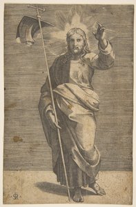 Christus steht nach vorne gerichtet, hält ein Kreuz mit einem Banner und erhebt seine linke Hand von Marco Dente