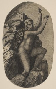 Eurydike nackt auf einem Felsen stehend, ihre Arme nach rechts erhoben, ca. 1515-27 von Marco Dente