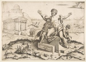 Laokoon und seine zwei Söhne werden von Schlangen auf einem Sockel angegriffen, ein Tempel zu Mi..., ca. 1515-27 von Marco Dente