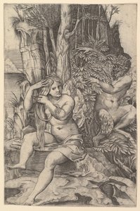 Pan beobachtet die Nymphe Syrinx, die auf einem Felsen sitzt und ihr Haar kämmt, ca. 1516-20