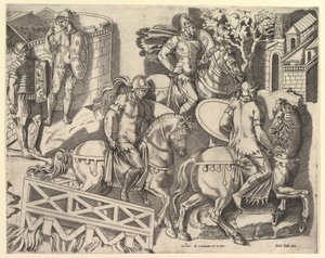 Speculum Romanae Magnificentiae: Römische Reiter überqueren eine Brücke von Trajans C..., 16. Jahrhundert