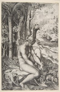 Venus entfernt einen Dorn aus ihrem linken Fuß, während sie auf einem Tuch neben Bäumen sitzt, ca. 1515-27 von Marco Dente