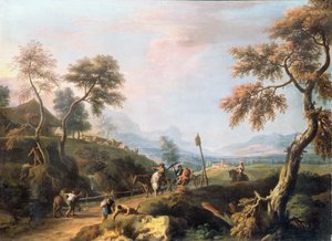 Waldlandschaft mit Herren in einer Kutsche auf einer Straße von Marco Ricci