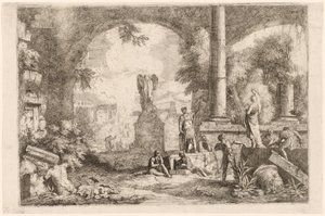 Capriccio antiker Ruinen mit Männern, die einen klassischen Redner betrachten von Marco Ricci