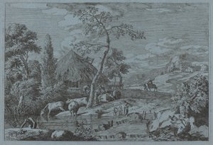Vieh und Figuren an einem Bauernhofbach