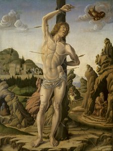 Der heilige Sebastian in einer felsigen Landschaft mit den Heiligen Hieronymus, Antonius Abt und Christophorus