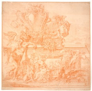 Dekorationsentwurf mit einem alten Mann, der die Zeit symbolisiert, einem Schild, einer Vase, einem Adler und mehreren allegorischen Figuren