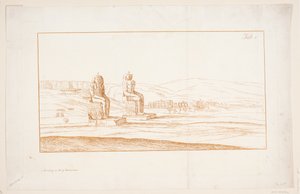 Illustration zu "Zeichnungen einiger Ruinen und kolossaler Statuen in Theben in Ägypten mit einem Bericht über den Ruhm in einem Brief an die Royal Society", London 1741 von Marcus Tuscher