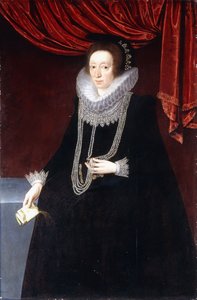 Porträt von Margaret Belasyse, in einem schwarzen Kleid, mit einer Perlenkette und einem Buch in ihrer rechten Hand von Marcus the Younger Gheeraerts