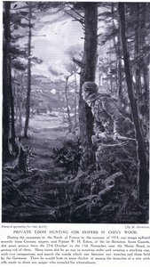 Private Edom jagt Scharfschützen im Chivy-Wald, Herbst 1914 von Margaret Dovaston
