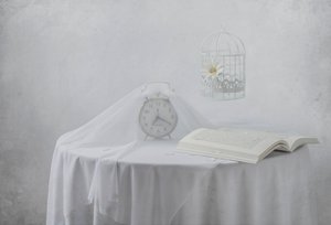 Gelassene Uhr Buch Vogelkäfig