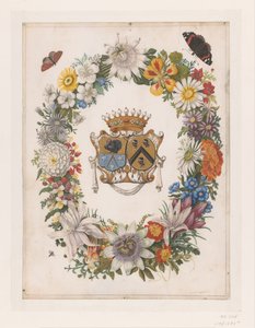 Allianzwappen von Cornelis Calkoen und Maria van der Merct in einem Blumenkranz