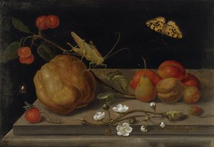Stillleben mit Früchten, einer Heuschrecke und einem Schmetterling, zwischen 1670 und 1680