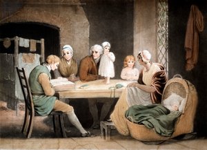 Drei Generationen hören eine Lesung aus der Familienbibel, um 1800