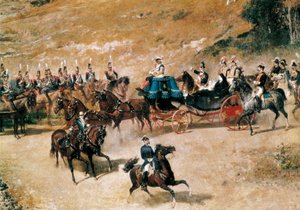 Königin Maria Christina und ihre Tochter Isabel II. besichtigen die Artilleriebatterien, die Madrid 1837 verteidigen (Detail), ca. 1866 von Mariano José María Bernardo Fortuny y Carbó
