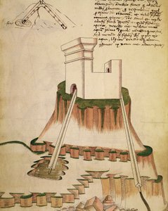Studie über die korrekte Installation eines Brunnens und die Entwässerung einer Festung, Illustration aus einem Werk von Mariano di Jacopo Vanni, bekannt als Taccola (15. Jahrhundert), Manuskript von Mariano di Jacopo (1382 c.1453) (after)