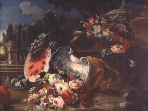 Stillleben, gemischte Blumen und Früchte in der Nähe eines Brunnens von Mario (follower of) Nuzzi