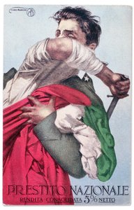 Ein italienischer Soldat verteidigt die Trikolore mit gezogenem Schwert. Propaganda-Postkarte für den Nationalen Kredit, ca. 1915-18