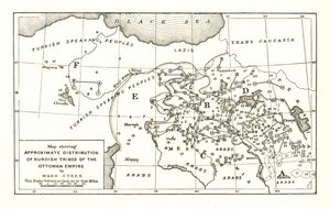 Karte, die die ungefähre Verteilung der kurdischen Stämme des Osmanischen Reiches zeigt