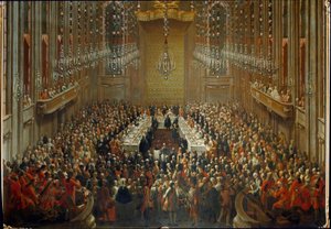 Bankett anlässlich der Hochzeit von Kaiser Joseph II. und Isabella von Parma am 6.10.1760. Mit Mozart im Orchester von Martin (and studio) Mytens or Meytens