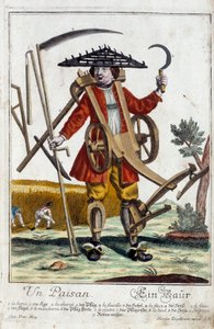 Ein Bauer. Gravur von Martin Engelbrecht (1684-1756), in „Neue Versammlung der manouvries habilles“ 18. Jahrhundert, Deutschland. Paris, Decorative Arts