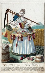 Eine Bäuerin. Gravur von Martin Engelbrecht (1684-1756), in „Neue Versammlung der manouvries habilles“ 18. Jahrhundert, Deutschland. Paris, Decorative Arts von Martin Engelbrecht