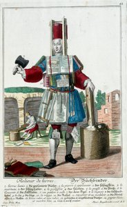 Beruf: Ein Buchbinder. Gravur von Martin Engelbrecht (1684-1756), in "Neue Versammlung der bekleideten Handwerker" 18. Jahrhundert, Deutschland. Paris, Dekorative Künste von Martin Engelbrecht