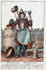 Darstellung eines Brauers mit einem Brunnen, einem Glas, einem Krug, einem Eimer, einem Fass, einem Hammer, einer Schüssel, einem Broc, einem Kessel. Gravur von Martin Engelbrecht (1684-1756)