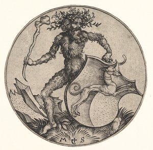 Schild mit Windhund, gehalten von einem wilden Mann, ca. 1435-1491 von Martin Schongauer
