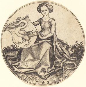 Schild mit Schwan, gehalten von Frau
