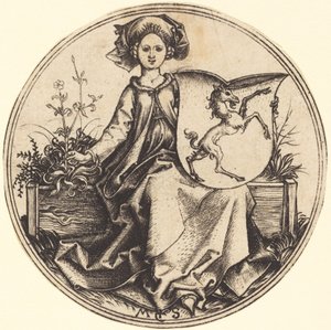 Schild mit Einhorn, gehalten von Frau