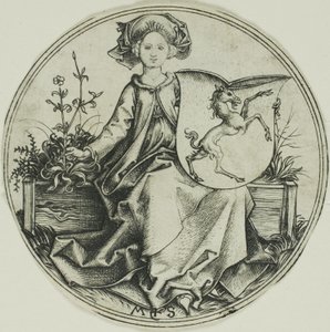 Schild mit einem Einhorn, gehalten von einer Dame