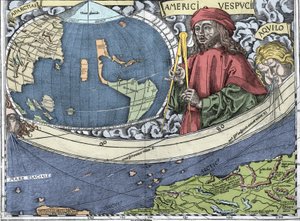 VESPUCCI, Amerigo (1454-1512). Italienischer Entdecker und Kartograph in „Waldseemüller-Karte oder Universalis Cosmographia - (Universale Kosmographie) - Waldseemüller-Planisphäre“ - 1507 von Martin Waldseemuller