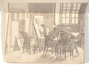 Innenraum der Akademie mit malenden und zeichnenden Künstlern von Martinus Rørbye